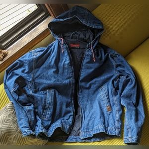 brand new all jean jacket XL with hoodie and pink laces and zipper